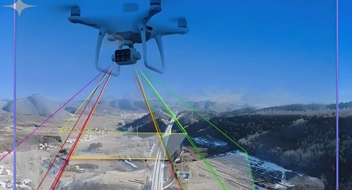 Survey drone with multispectral payload over terrain